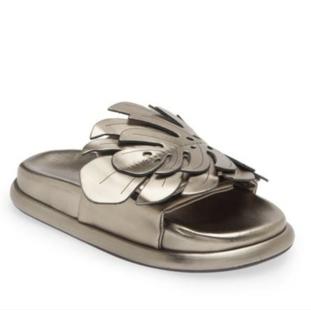 FARM Rio Metallic Pewter Slide Sandals with Petal Accent